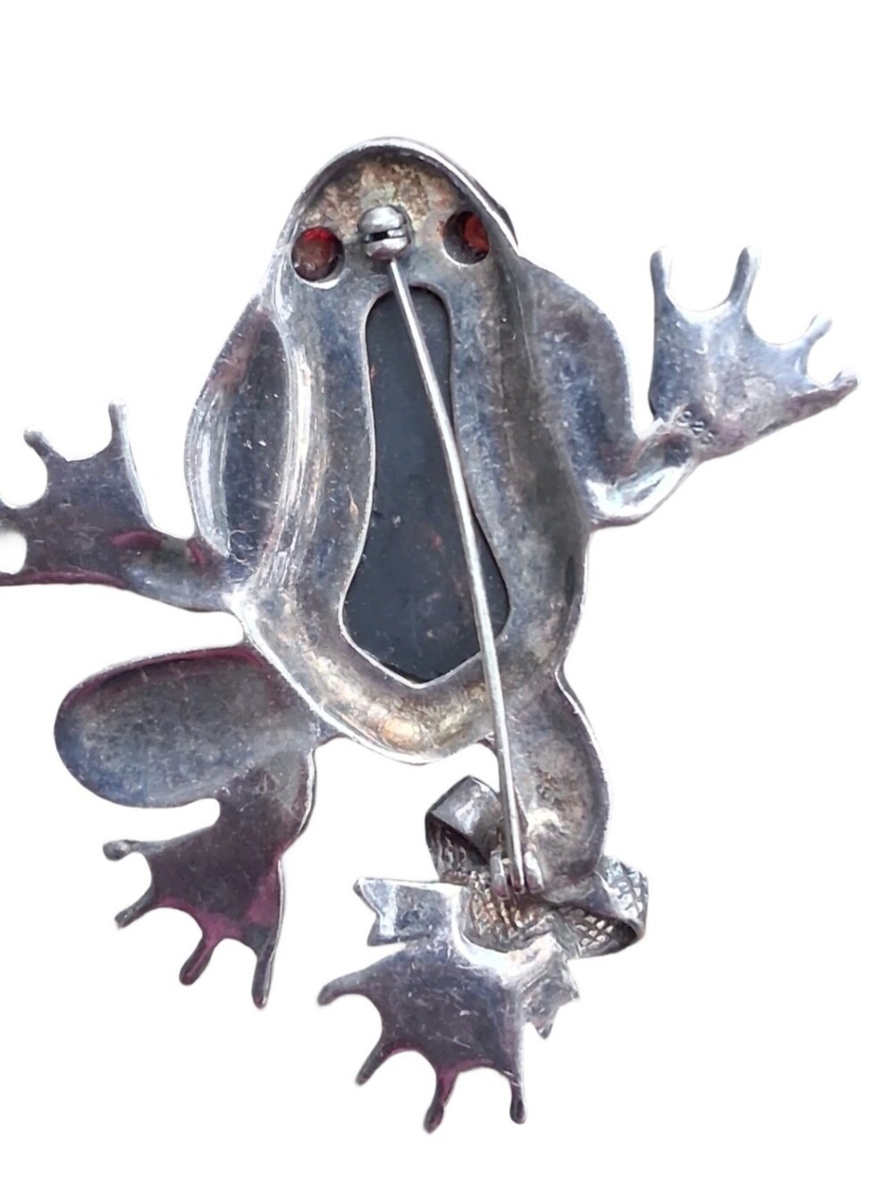 Vintage Sterling Silver Marcasite Onyx Frog Pin with Bow Accent - Picture 4 of 5